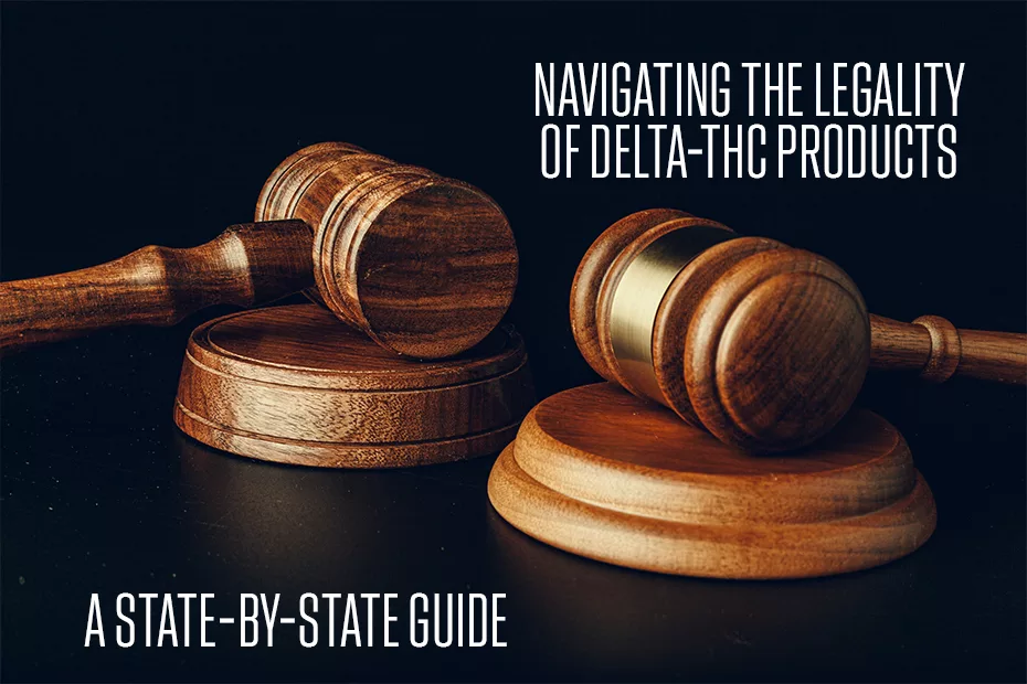United States map highlighting the legality of Delta-THC products Title: Navigating the Legality of Delta-THC Products: A State-by-State Guide Caption: Understanding Delta-THC product regulations across the U.S. Description: This image represents the complex legal landscape of Delta-THC products in the United States, featuring a map highlighting the legality of these products by state.