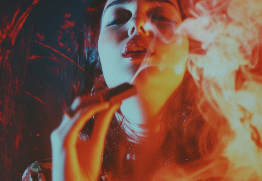 Woman surrounded by ethereal smoke with a calm expression, holding a chocolate bar.